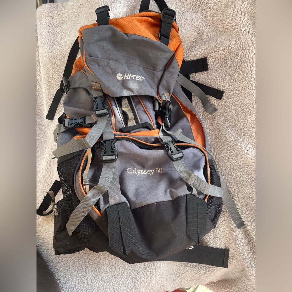 Hi-Tec Gray and Orange Technical Backpack for Outdoor Adventures 50 Liters.